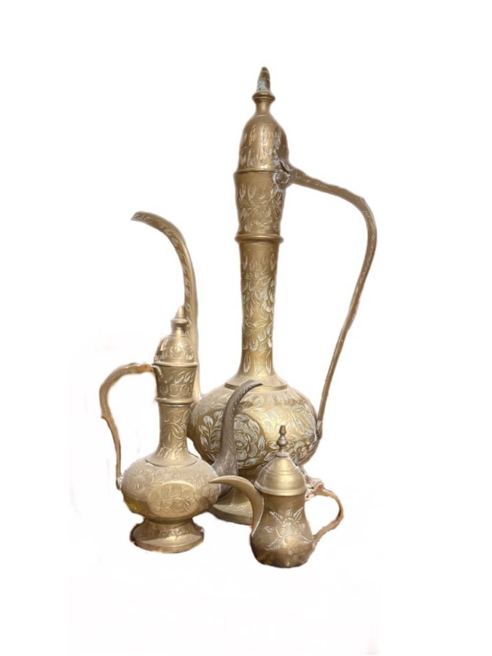 Set of 3 Ornate Brass Middle Eastern Ewers Set Coffee Tea Pots Bohemian